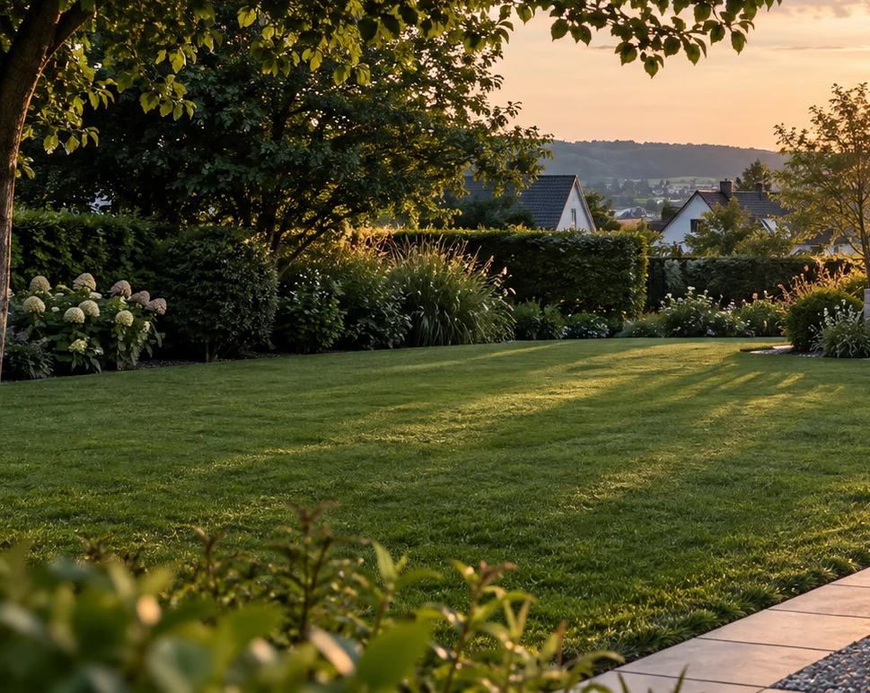 Gepflegter Garten mit Rasen und Bepflanzung